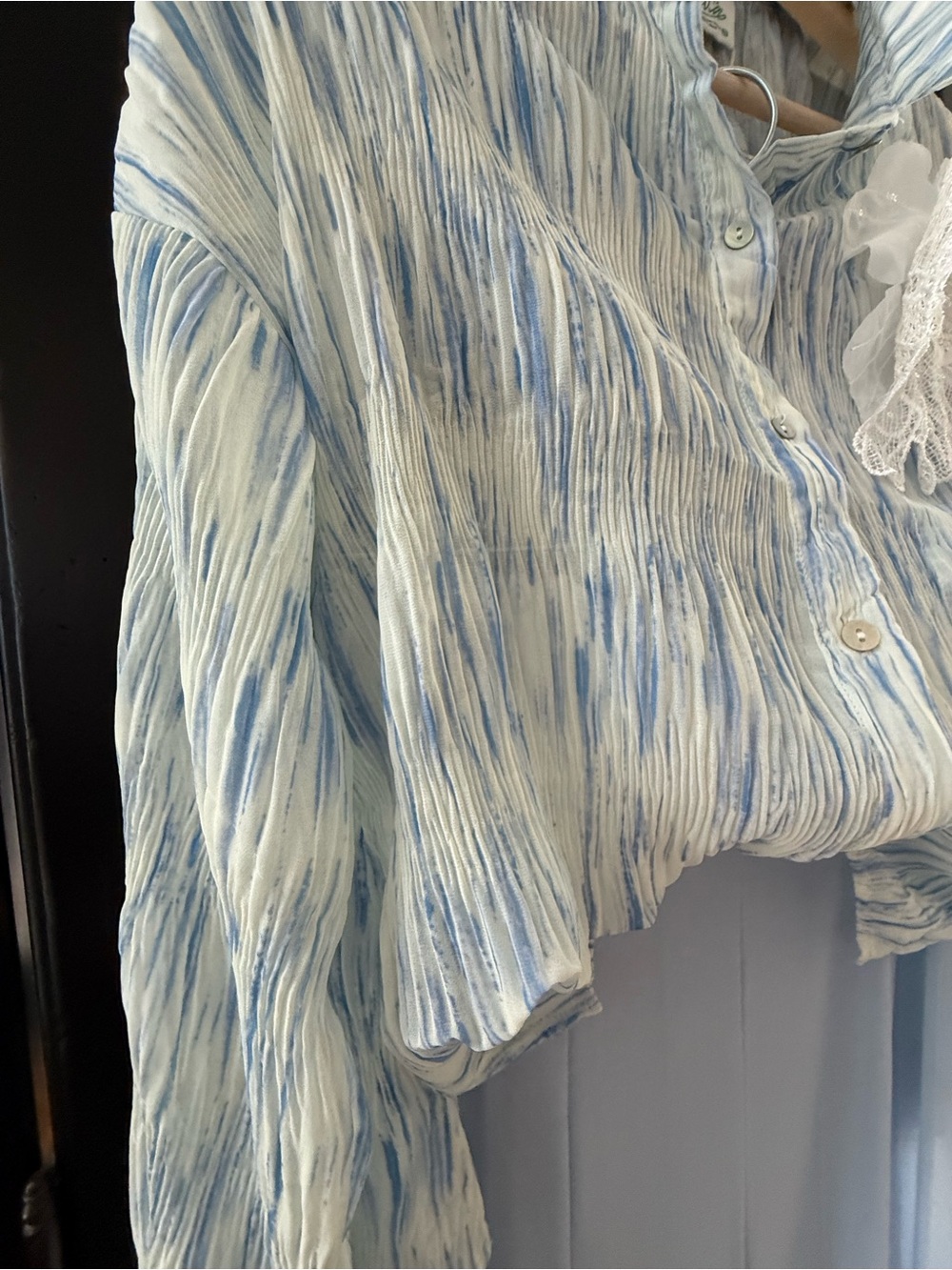 Blue Pleated Oversized Blouse, pleated Tie Dye look. WITHOUT BROOCH NWT